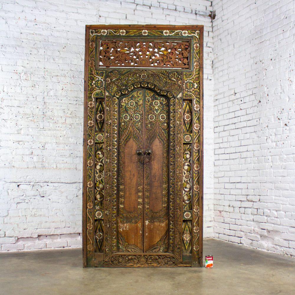 20th Century Balinese Style Asian Hand Carved & Painted Sculptural Teak Door Panel with Brass Pulls