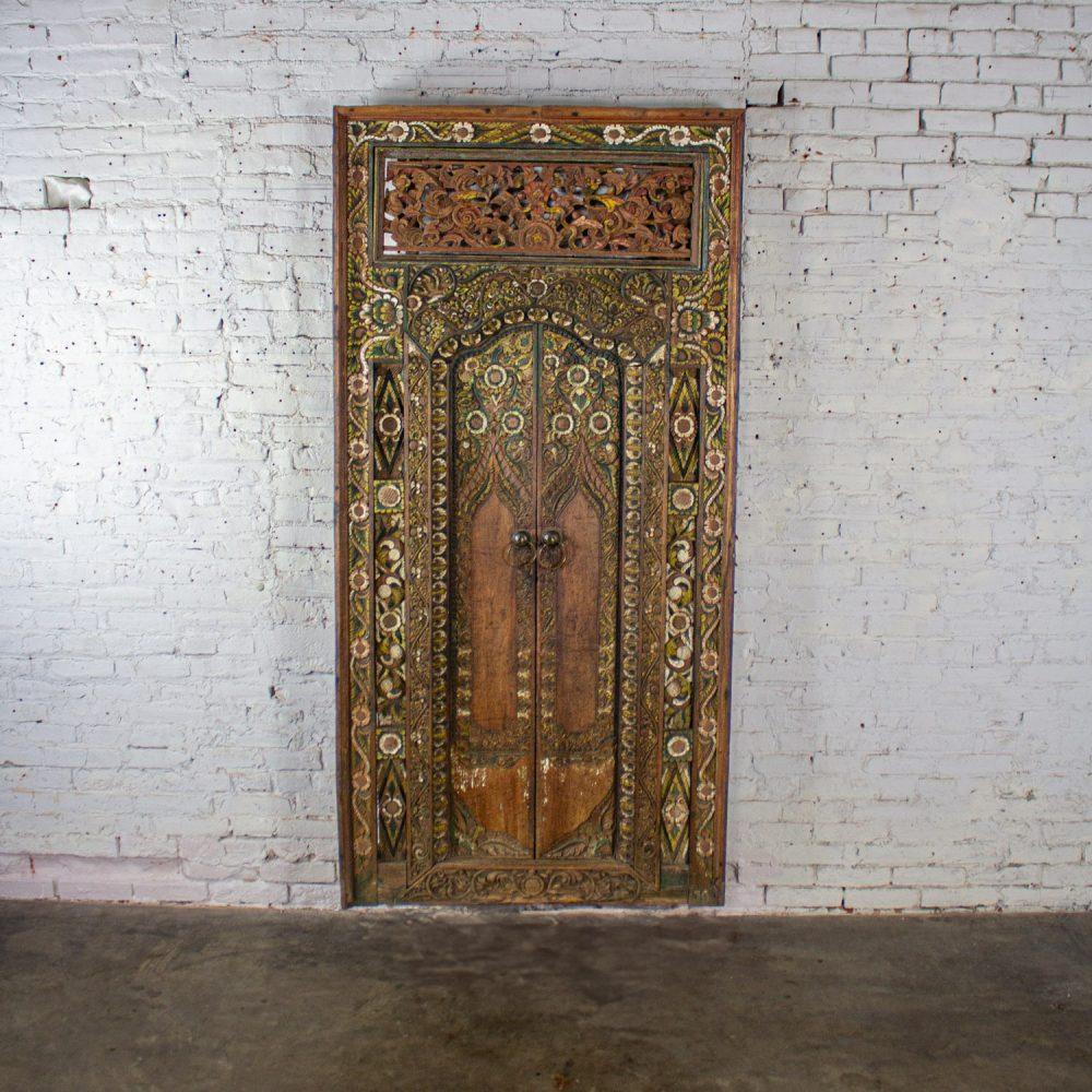 20th Century Balinese Style Asian Hand Carved & Painted Sculptural Teak Door Panel with Brass Pulls