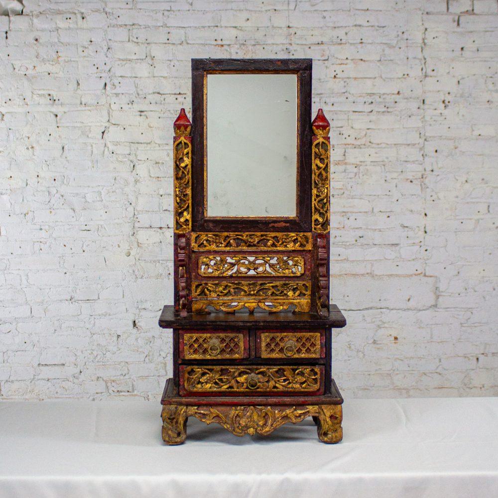 Late 19th to 20th Century Indonesian Maduran Tabletop Jewelry Case or Vanity Mirror w/Chest