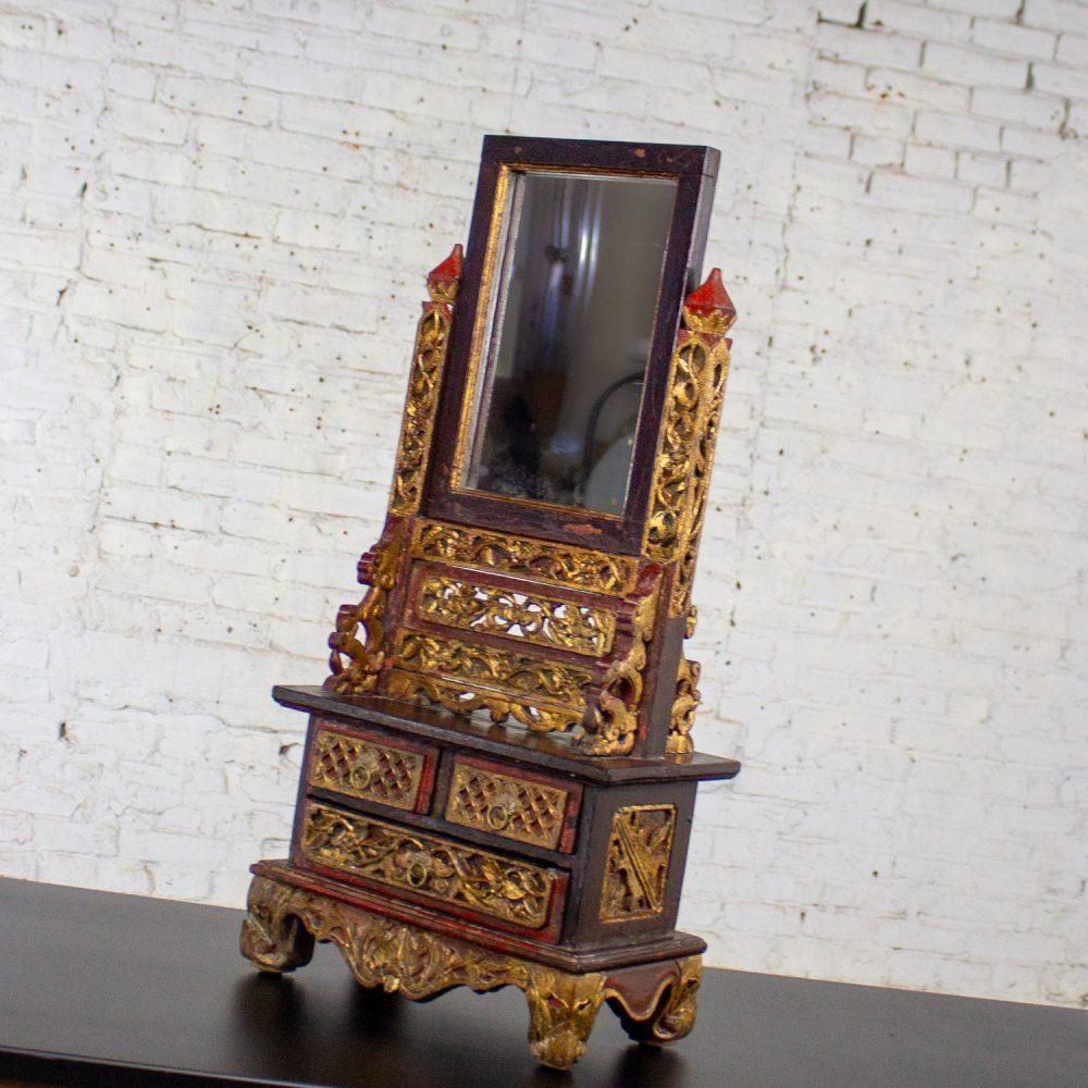 Late 19th to 20th Century Indonesian Maduran Tabletop Jewelry Case or Vanity Mirror w/Chest