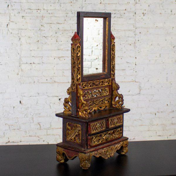 Late 19th to 20th Century Indonesian Maduran Tabletop Jewelry Case or Vanity Mirror w/Chest