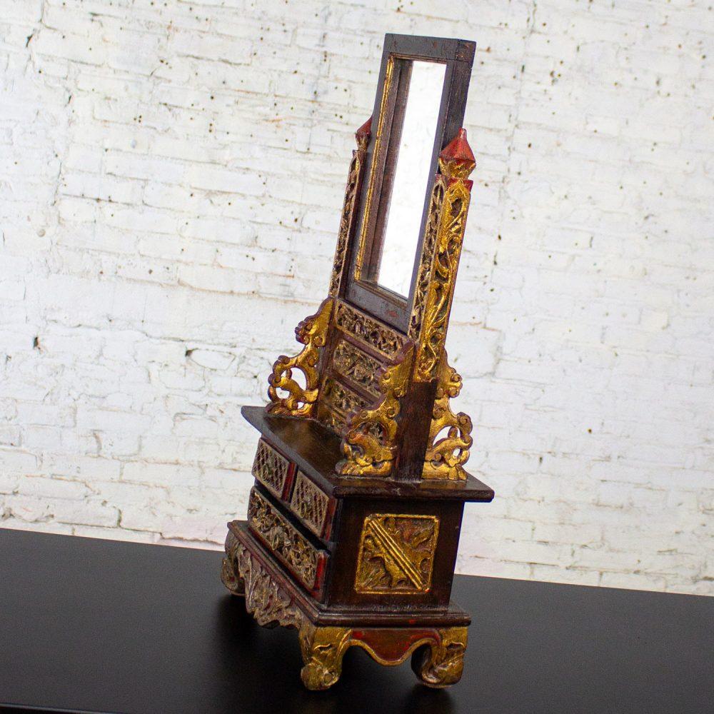 Late 19th to 20th Century Indonesian Maduran Tabletop Jewelry Case or Vanity Mirror w/Chest