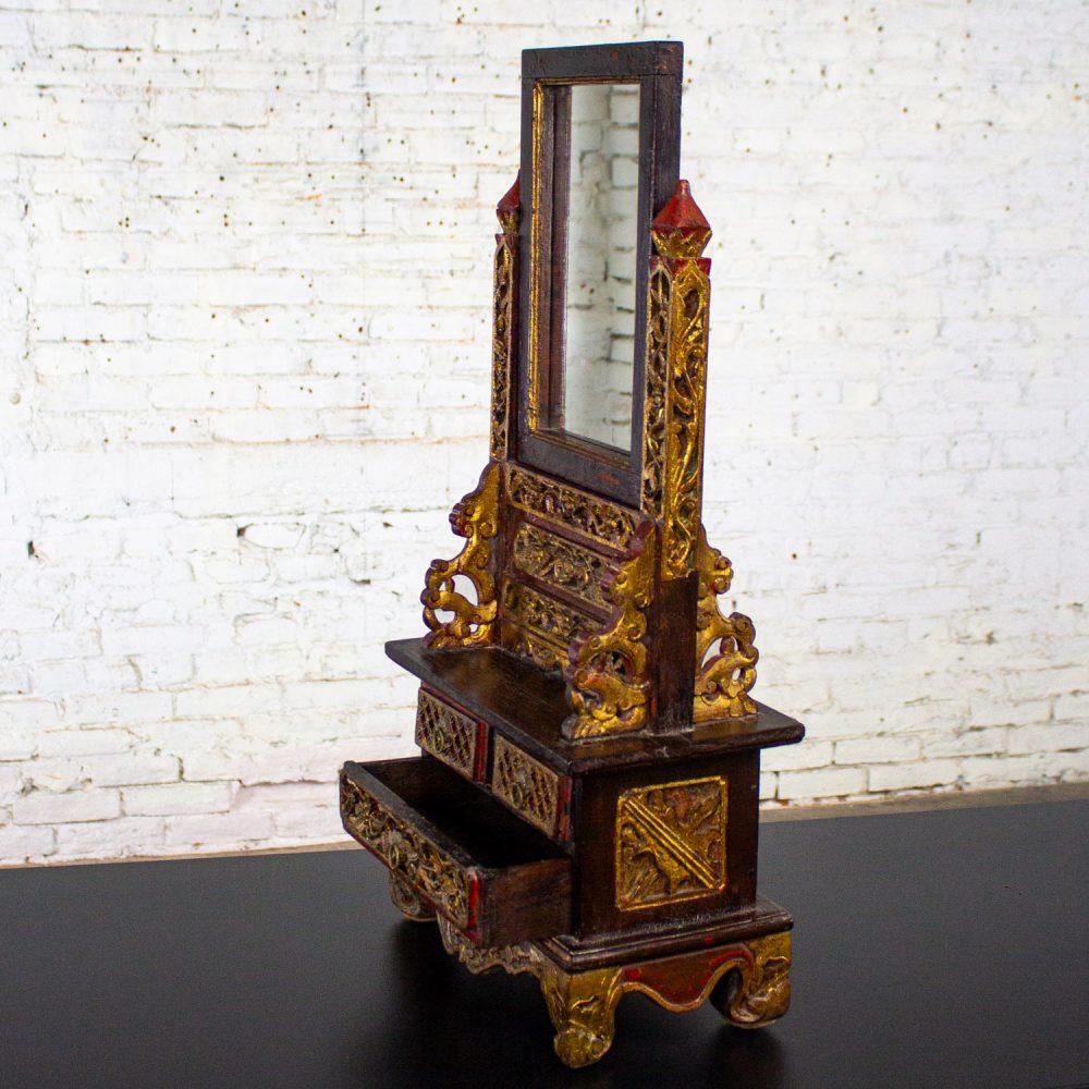 Late 19th to 20th Century Indonesian Maduran Tabletop Jewelry Case or Vanity Mirror w/Chest