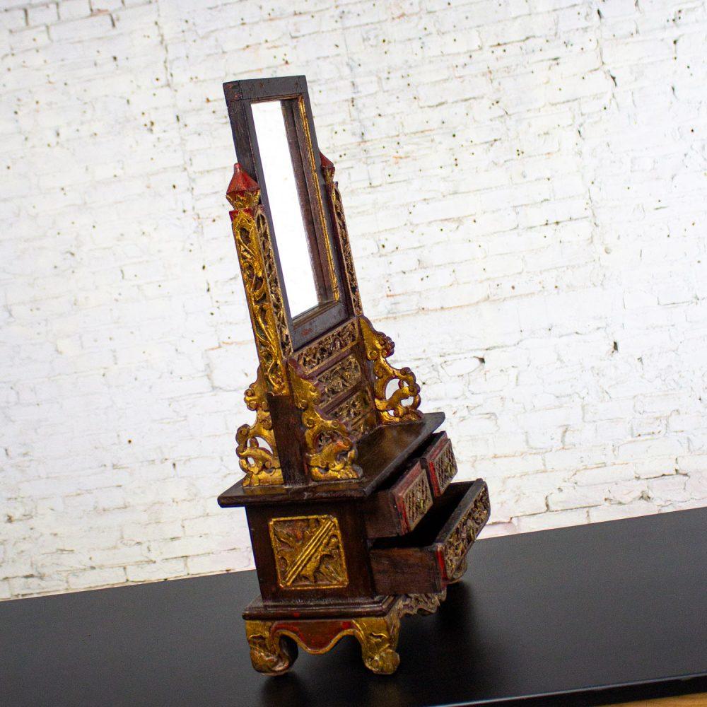 Late 19th to 20th Century Indonesian Maduran Tabletop Jewelry Case or Vanity Mirror w/Chest