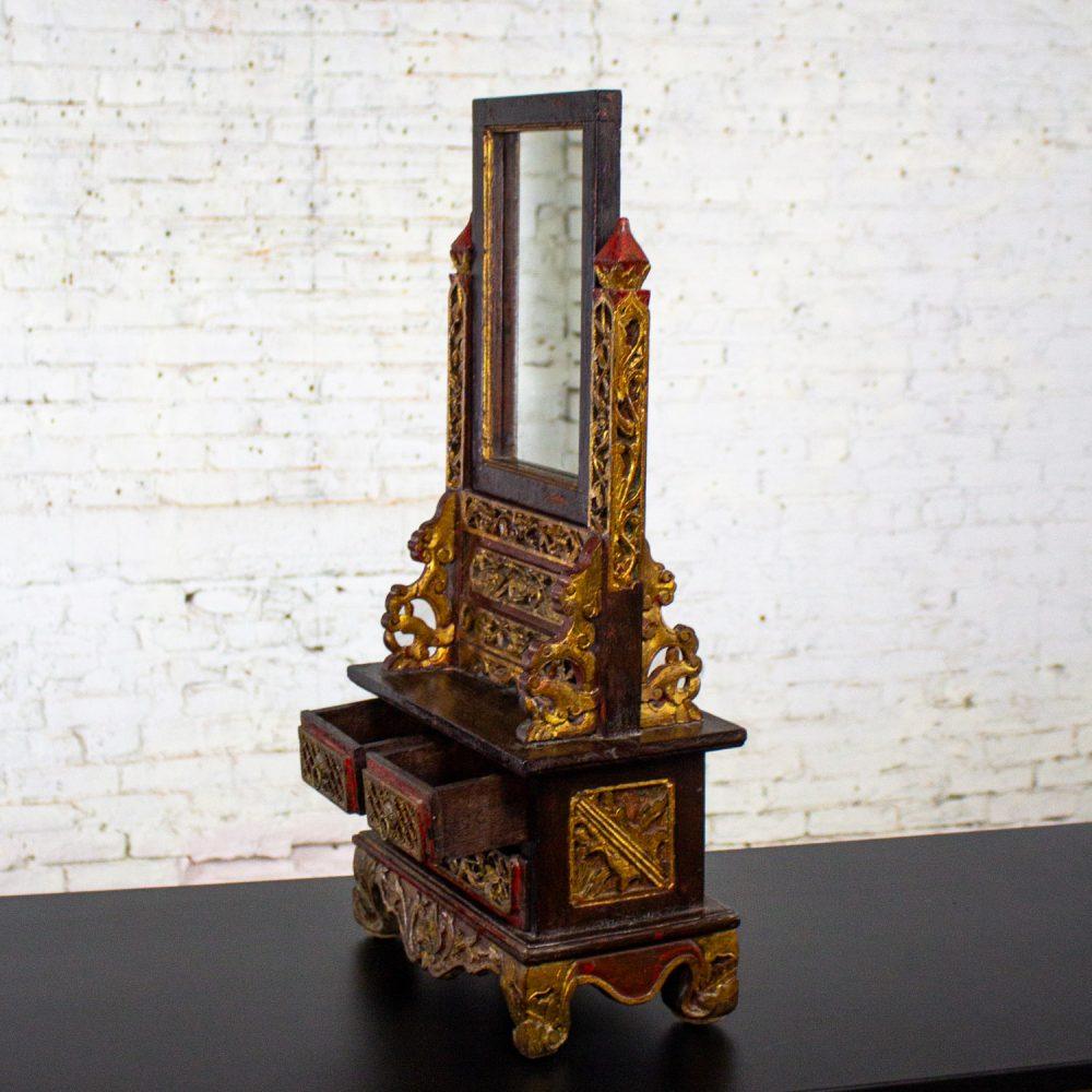 Late 19th to 20th Century Indonesian Maduran Tabletop Jewelry Case or Vanity Mirror w/Chest