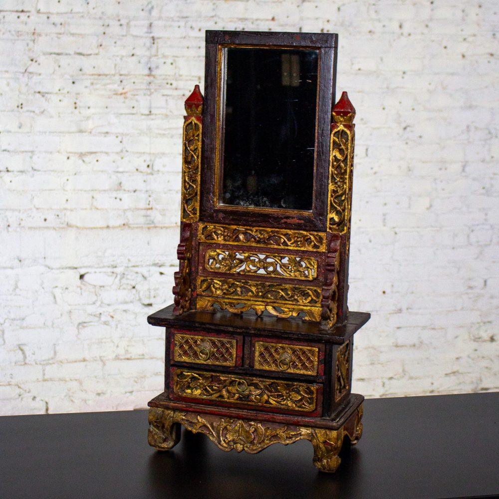 Late 19th to 20th Century Indonesian Maduran Tabletop Jewelry Case or Vanity Mirror w/Chest