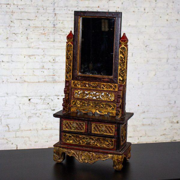 Late 19th to 20th Century Indonesian Maduran Tabletop Jewelry Case or Vanity Mirror w/Chest