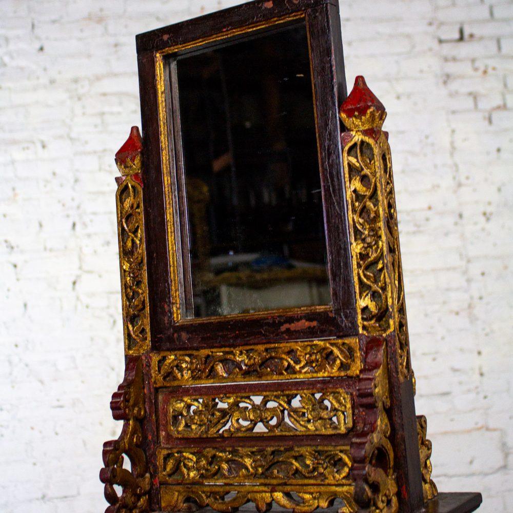Late 19th to 20th Century Indonesian Maduran Tabletop Jewelry Case or Vanity Mirror w/Chest