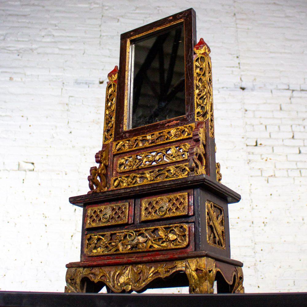 Late 19th to 20th Century Indonesian Maduran Tabletop Jewelry Case or Vanity Mirror w/Chest