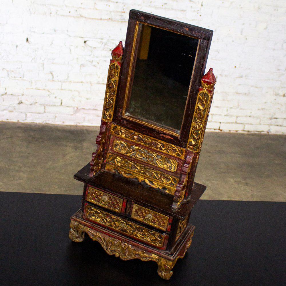 Late 19th to 20th Century Indonesian Maduran Tabletop Jewelry Case or Vanity Mirror w/Chest