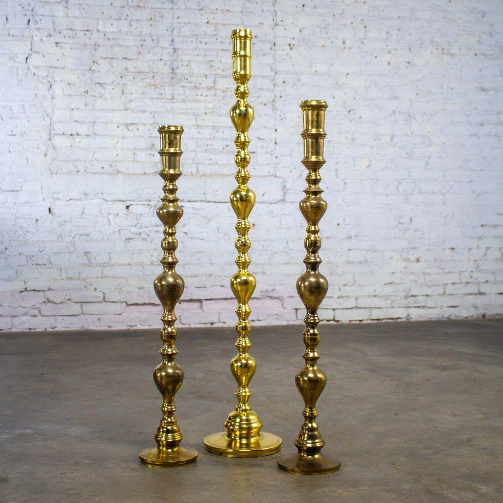 20th Century Moroccan Bohemian & Boho Chic Style Set of 3 Tiered Turned Brass Floor Candlesticks