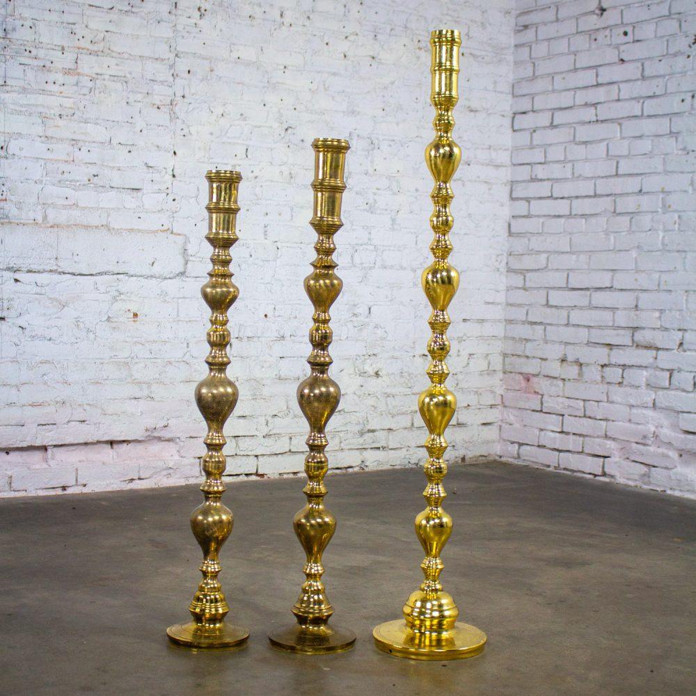20th Century Moroccan Bohemian & Boho Chic Style Set of 3 Tiered Turned Brass Floor Candlesticks