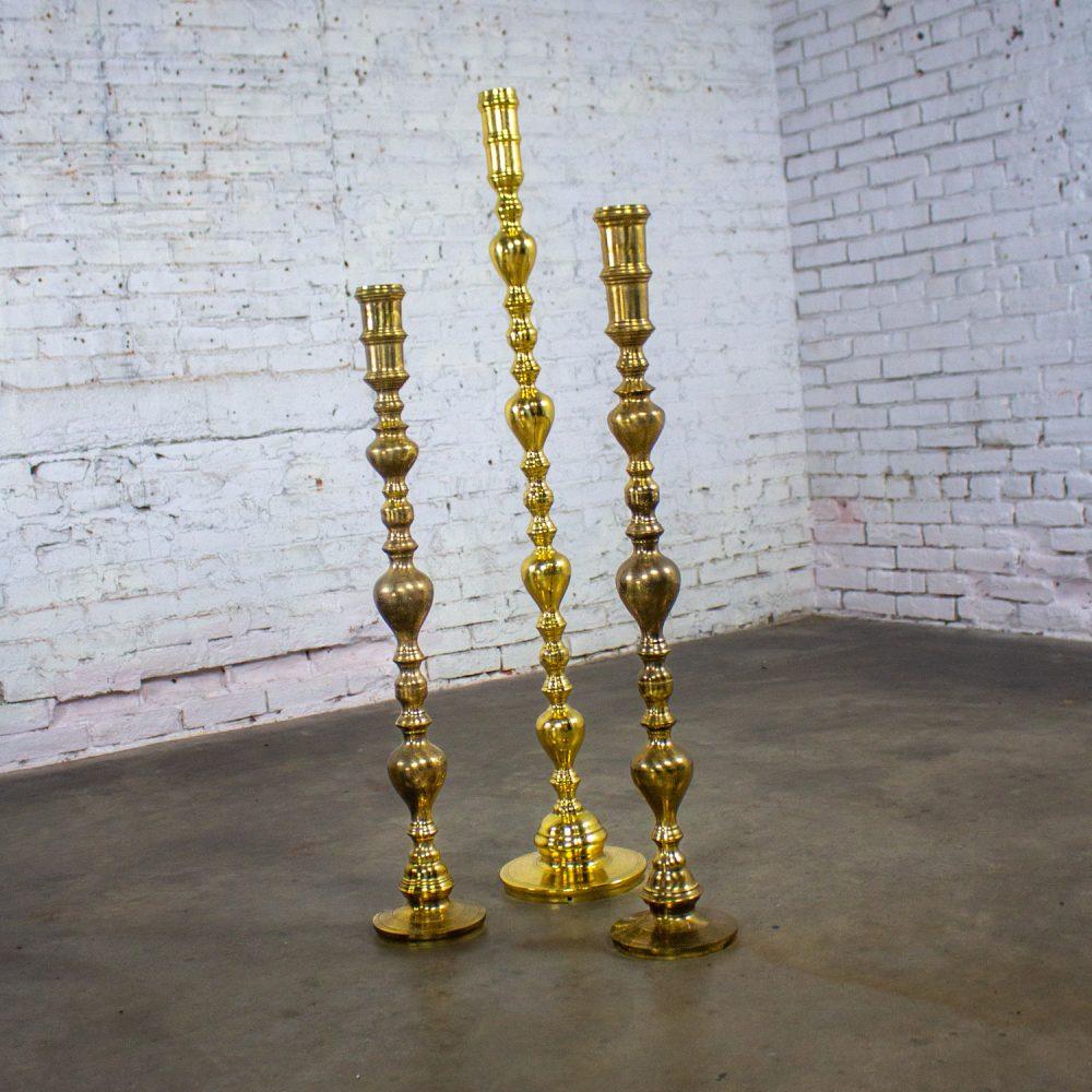 20th Century Moroccan Bohemian & Boho Chic Style Set of 3 Tiered Turned Brass Floor Candlesticks