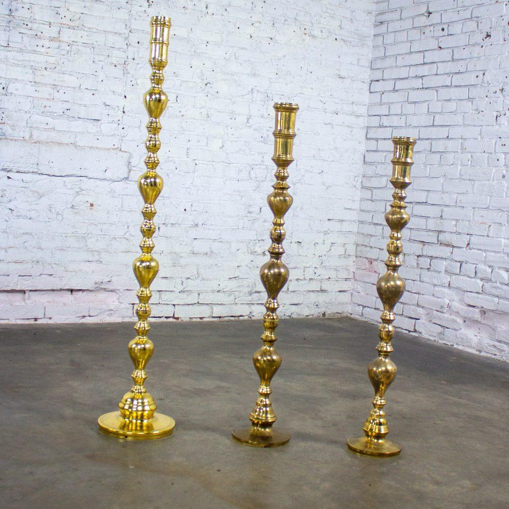 20th Century Moroccan Bohemian & Boho Chic Style Set of 3 Tiered Turned Brass Floor Candlesticks