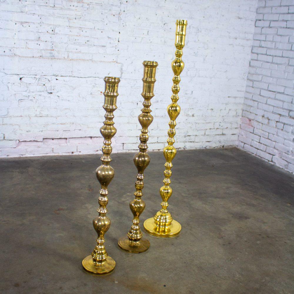 20th Century Moroccan Bohemian & Boho Chic Style Set of 3 Tiered Turned Brass Floor Candlesticks