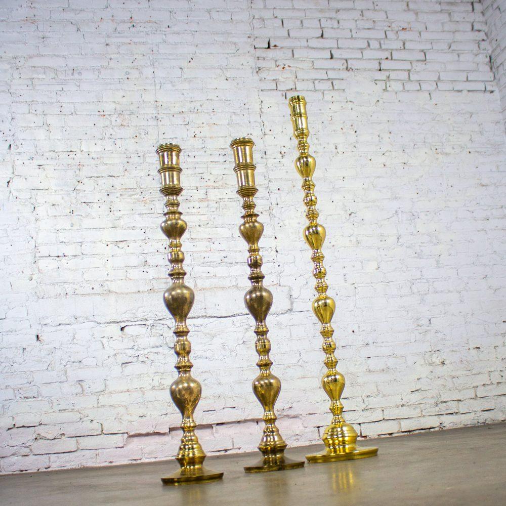 20th Century Moroccan Bohemian & Boho Chic Style Set of 3 Tiered Turned Brass Floor Candlesticks