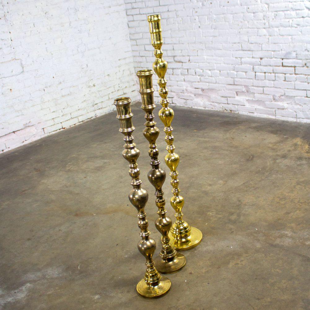 20th Century Moroccan Bohemian & Boho Chic Style Set of 3 Tiered Turned Brass Floor Candlesticks