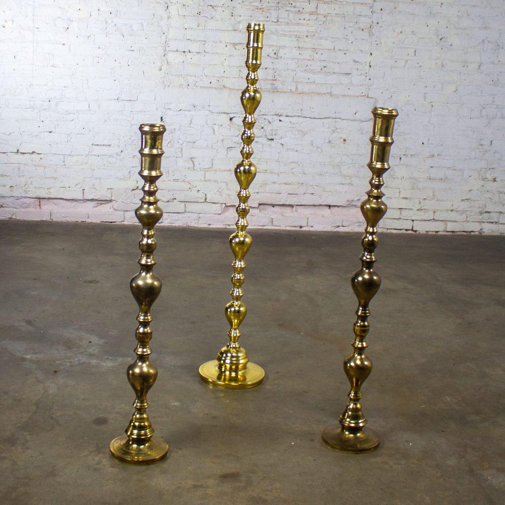 20th Century Moroccan Bohemian & Boho Chic Style Set of 3 Tiered Turned Brass Floor Candlesticks
