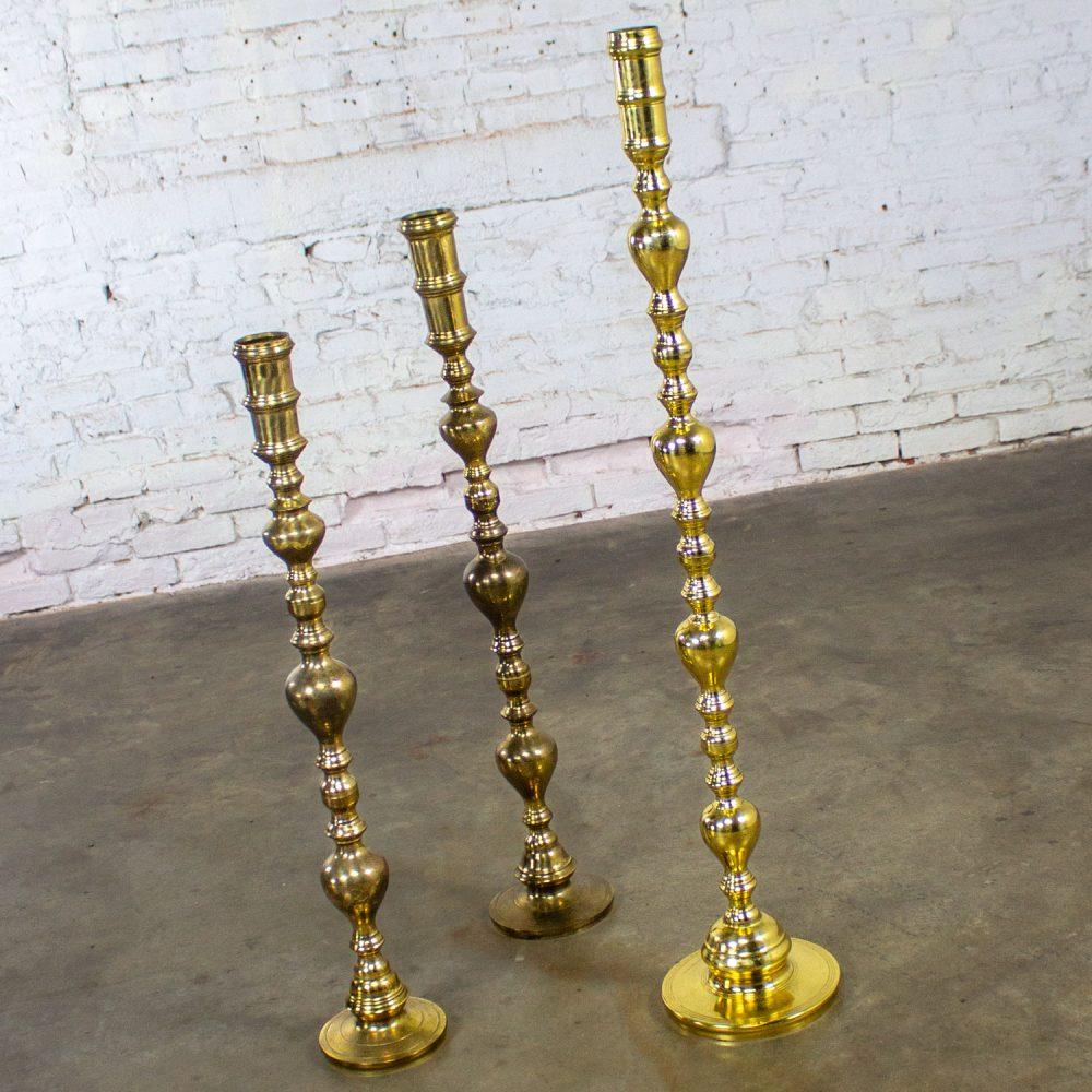 20th Century Moroccan Bohemian & Boho Chic Style Set of 3 Tiered Turned Brass Floor Candlesticks