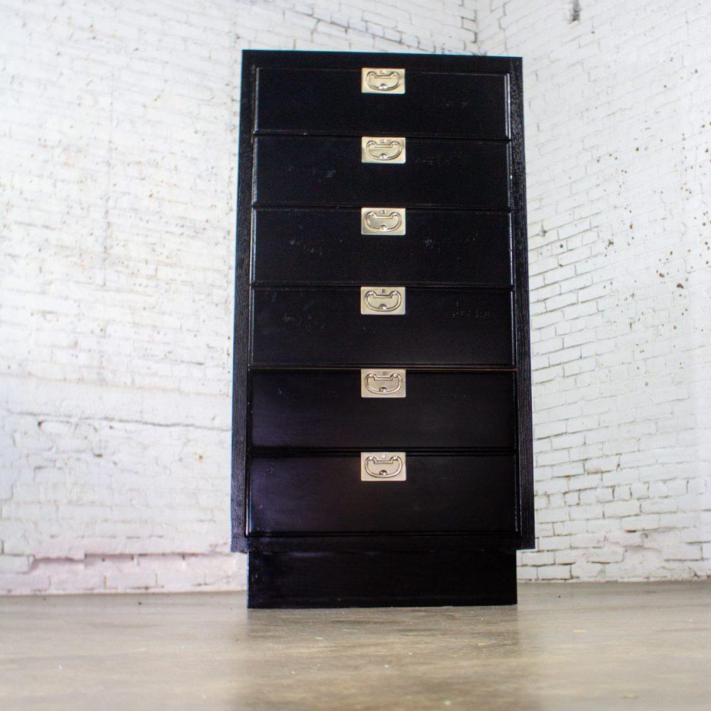 Mid to Late 20th Century Modern Campaign Henredon Black Narrow Chest of Drawers or Lingerie Cabinet