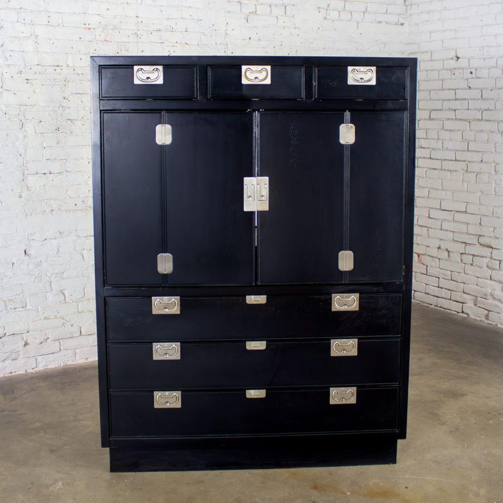 Mid to Late 20th Century Modern Campaign Henredon Black Entertainment Cabinet or Armoire