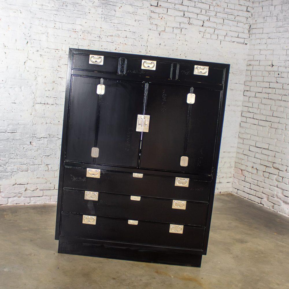 Mid to Late 20th Century Modern Campaign Henredon Black Entertainment Cabinet or Armoire