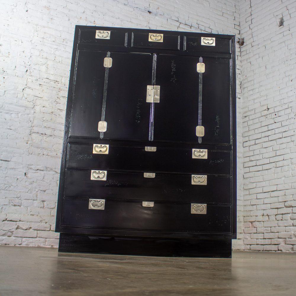 Mid to Late 20th Century Modern Campaign Henredon Black Entertainment Cabinet or Armoire