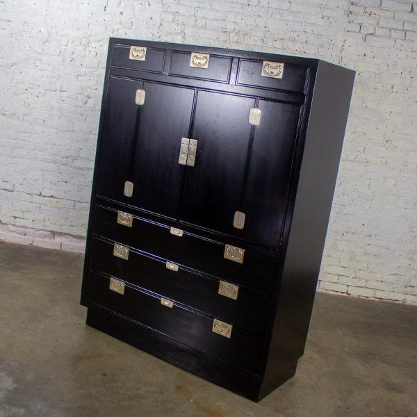 Mid to Late 20th Century Modern Campaign Henredon Black Entertainment Cabinet or Armoire