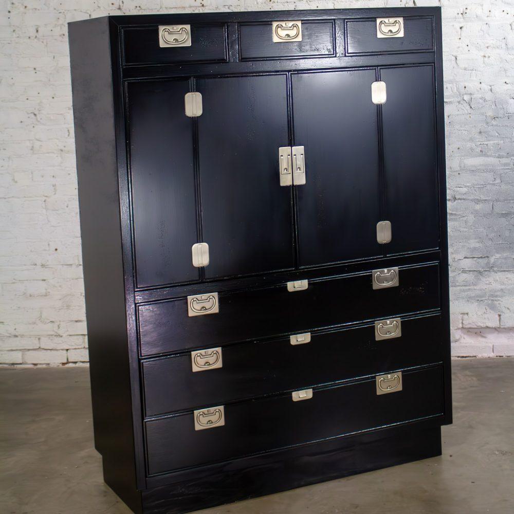 Mid to Late 20th Century Modern Campaign Henredon Black Entertainment Cabinet or Armoire