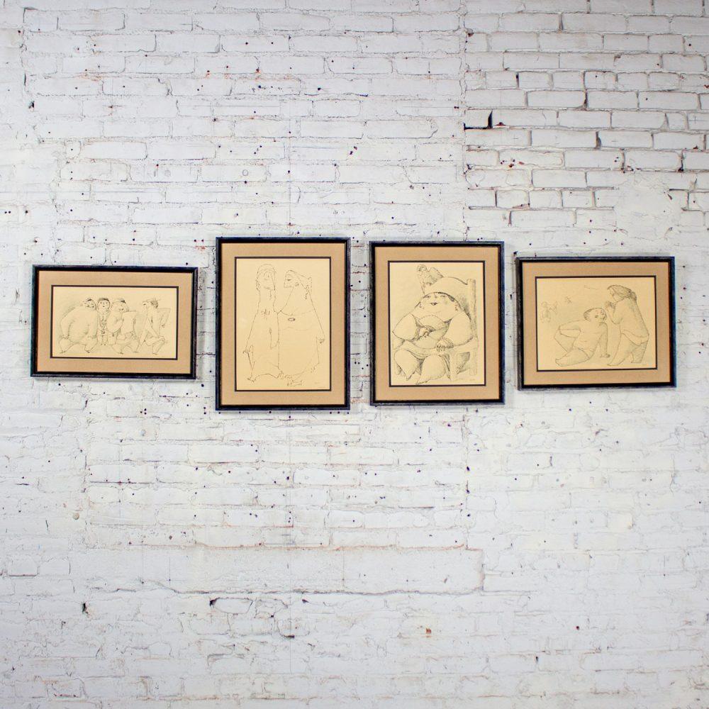 1968 Fine Art Prints by Alfonso Vila Shum Framed Sketches Set of 4 Unsigned