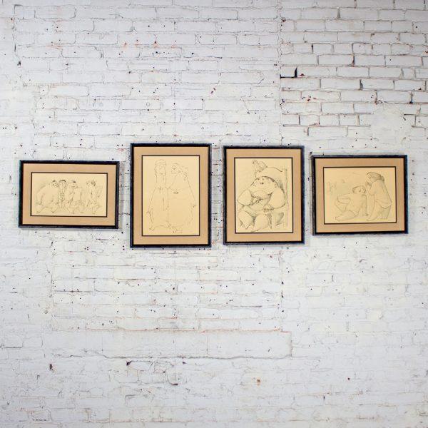 1968 Fine Art Prints by Alfonso Vila Shum Framed Sketches Set of 4 Unsigned