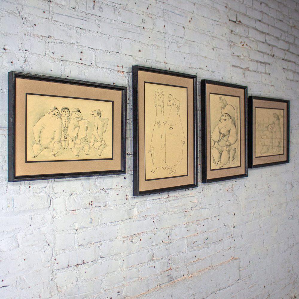 1968 Fine Art Prints by Alfonso Vila Shum Framed Sketches Set of 4 Unsigned