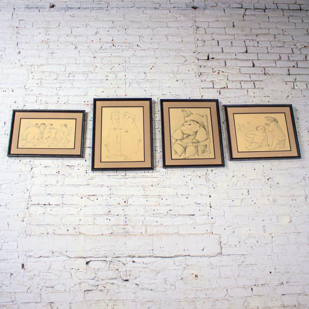 1968 Fine Art Prints by Alfonso Vila Shum Framed Sketches Set of 4 Unsigned