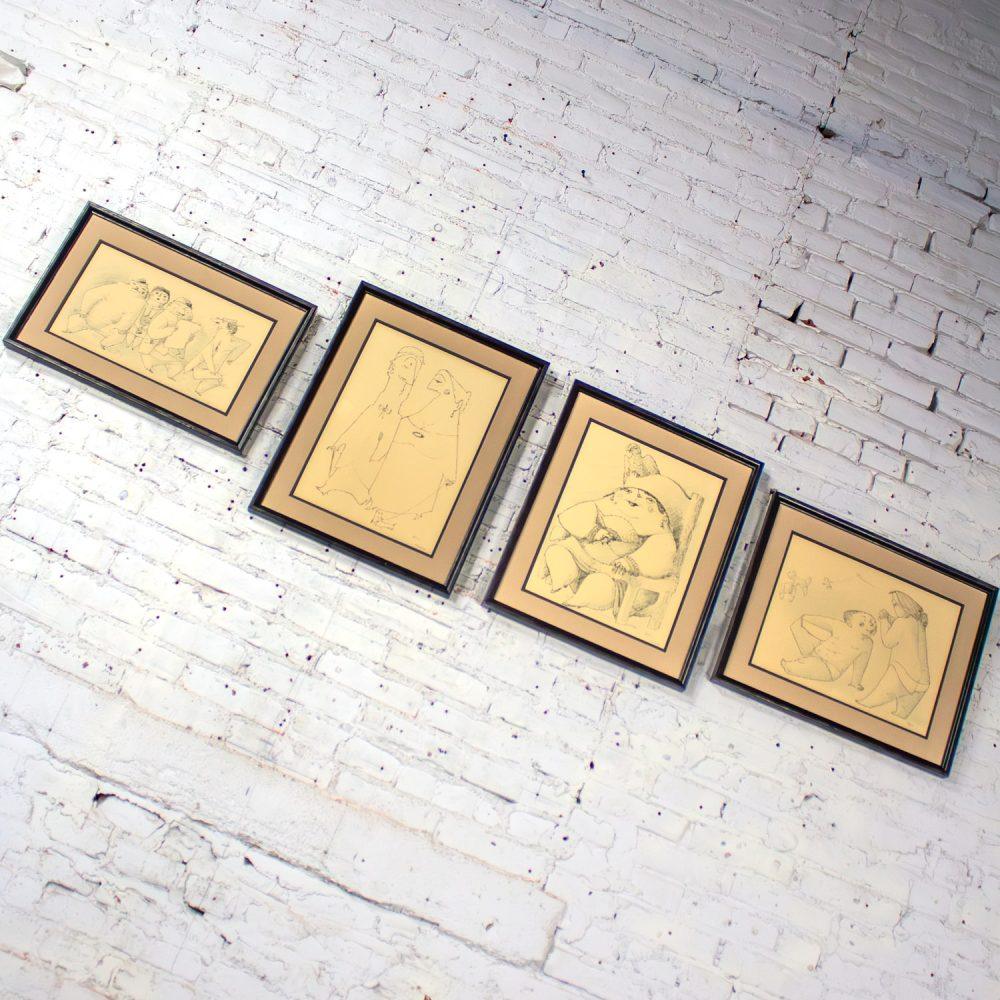 1968 Fine Art Prints by Alfonso Vila Shum Framed Sketches Set of 4 Unsigned