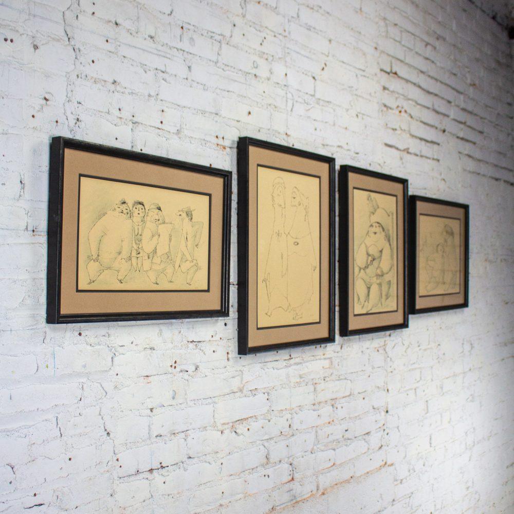 1968 Fine Art Prints by Alfonso Vila Shum Framed Sketches Set of 4 Unsigned