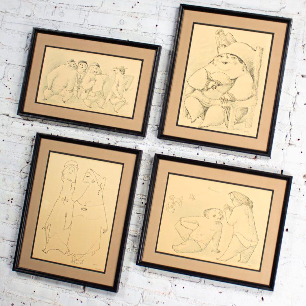 1968 Fine Art Prints by Alfonso Vila Shum Framed Sketches Set of 4 Unsigned