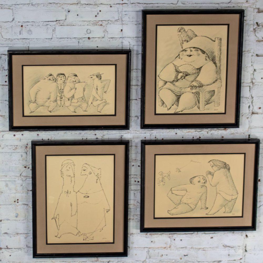 1968 Fine Art Prints by Alfonso Vila Shum Framed Sketches Set of 4 Unsigned