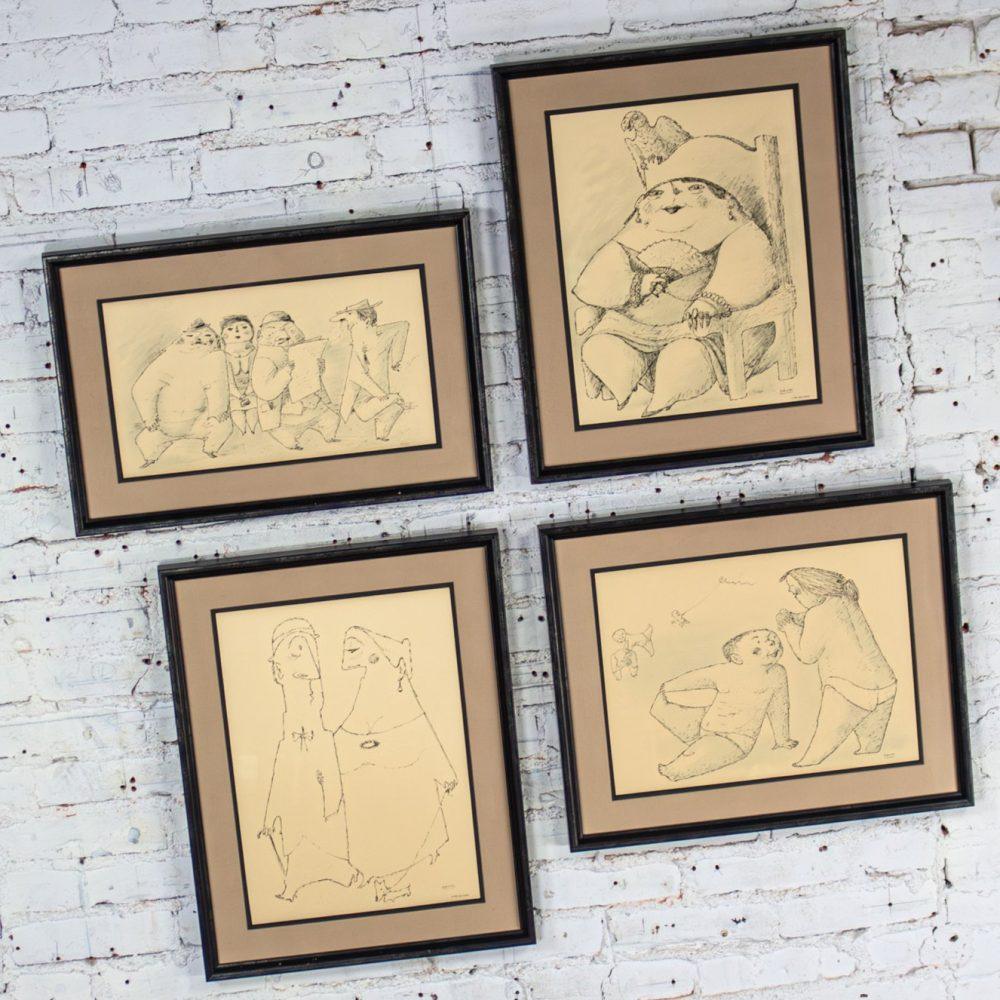 1968 Fine Art Prints by Alfonso Vila Shum Framed Sketches Set of 4 Unsigned