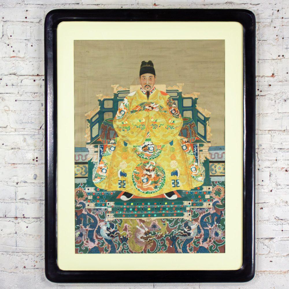 19th-20th Century Chinese Ming Dynasty Emperor Yellow Imperial Robe Hand Painted on Silk w/Black Wood Frame