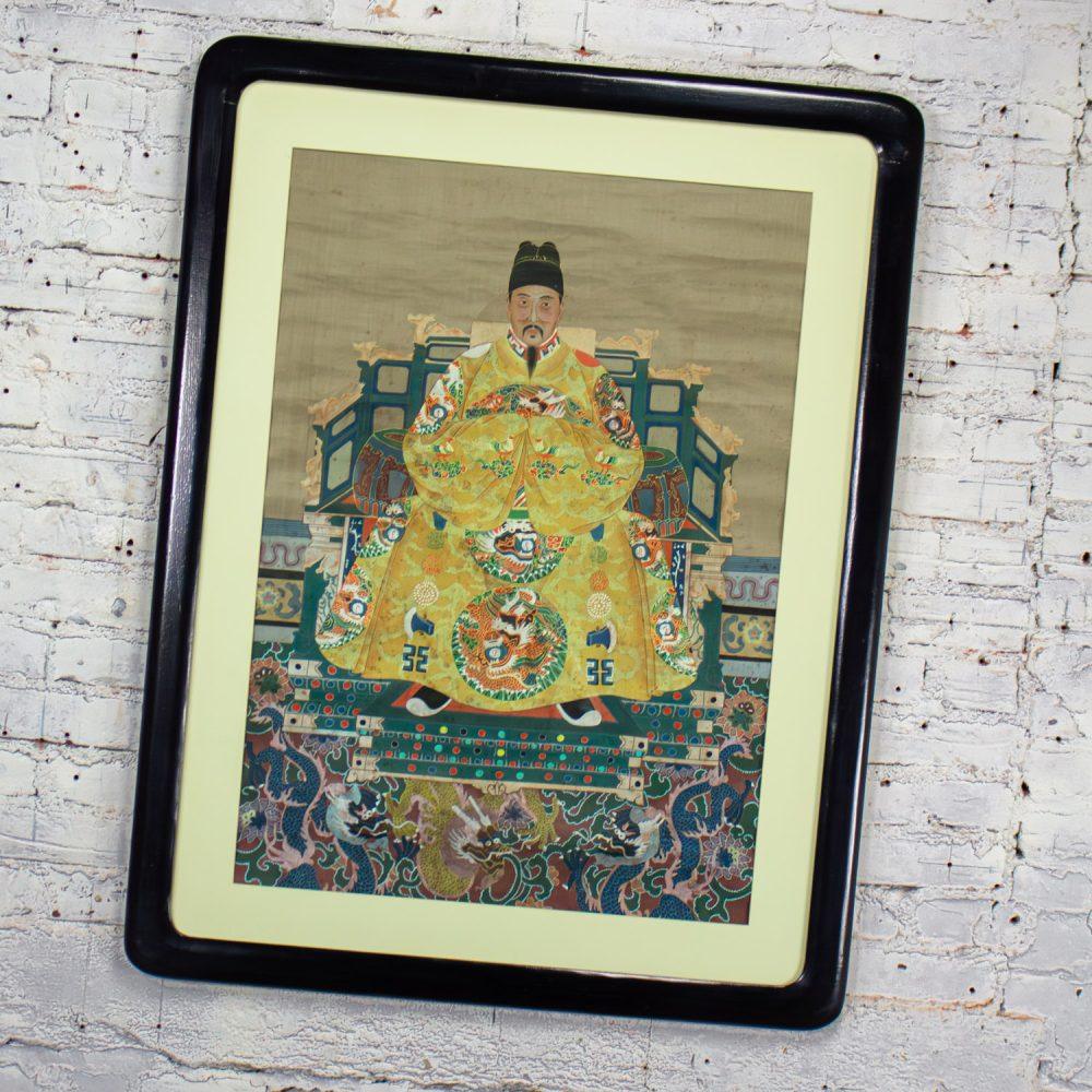19th-20th Century Chinese Ming Dynasty Emperor Yellow Imperial Robe Hand Painted on Silk w/Black Wood Frame