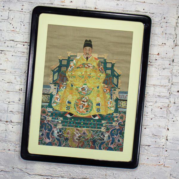 19th-20th Century Chinese Ming Dynasty Emperor Yellow Imperial Robe Hand Painted on Silk w/Black Wood Frame