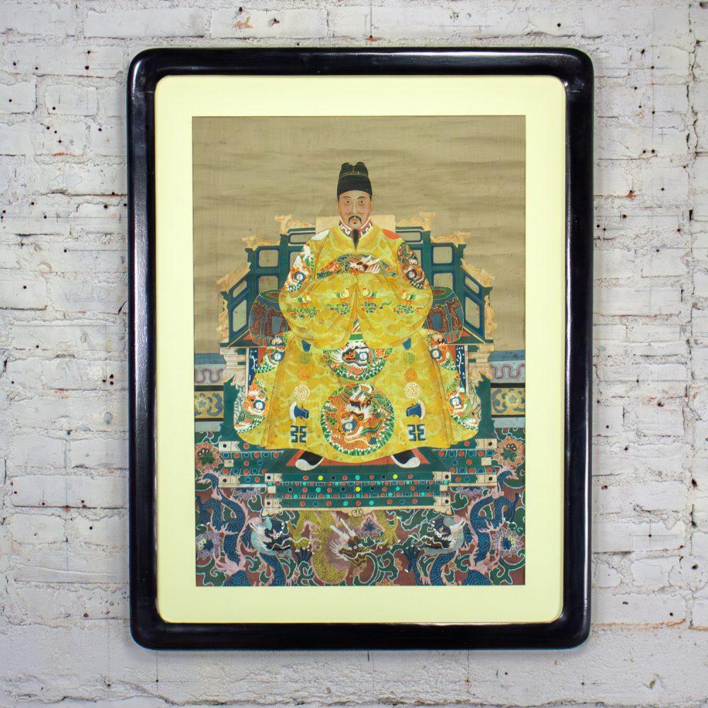 19th-20th Century Chinese Ming Dynasty Emperor Yellow Imperial Robe Hand Painted on Silk w/Black Wood Frame