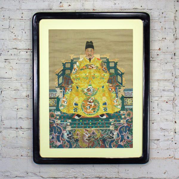 19th-20th Century Chinese Ming Dynasty Emperor Yellow Imperial Robe Hand Painted on Silk w/Black Wood Frame