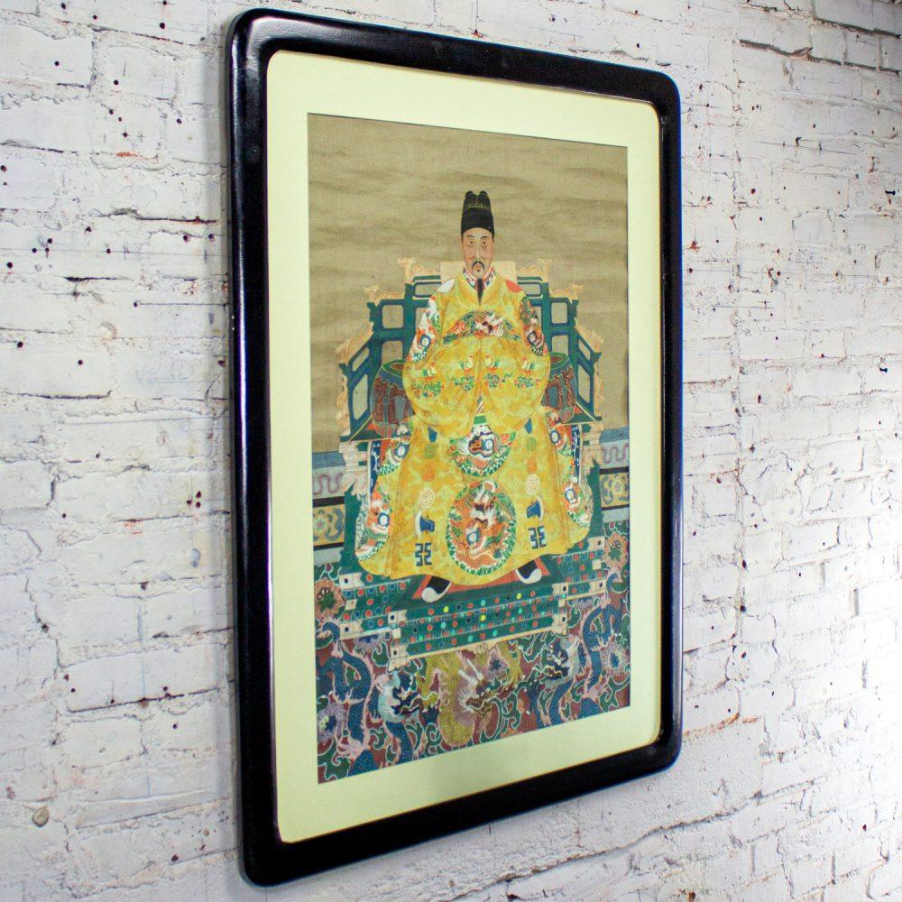 19th-20th Century Chinese Ming Dynasty Emperor Yellow Imperial Robe Hand Painted on Silk w/Black Wood Frame