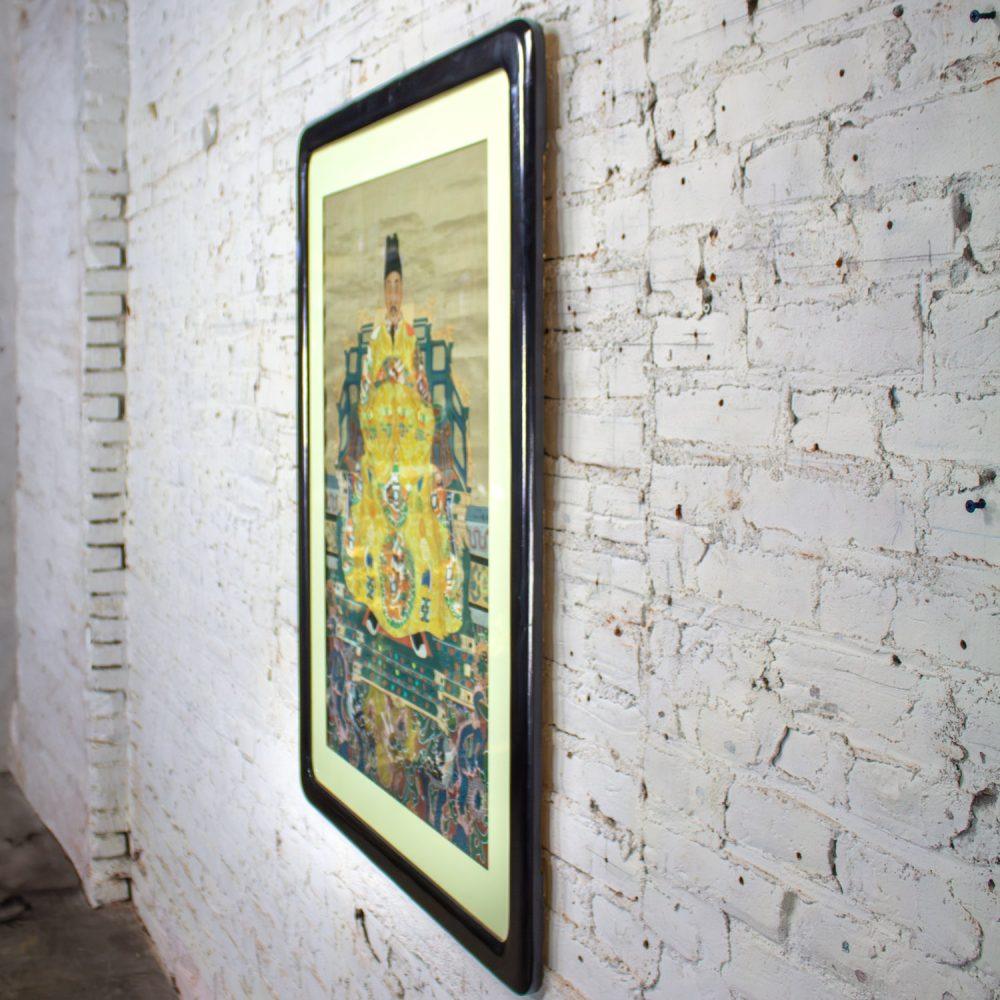 19th-20th Century Chinese Ming Dynasty Emperor Yellow Imperial Robe Hand Painted on Silk w/Black Wood Frame