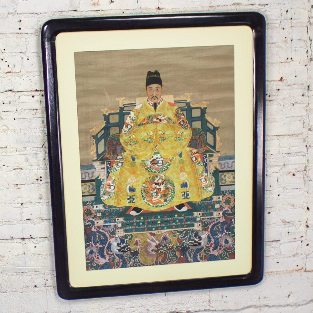19th-20th Century Chinese Ming Dynasty Emperor Yellow Imperial Robe Hand Painted on Silk w/Black Wood Frame
