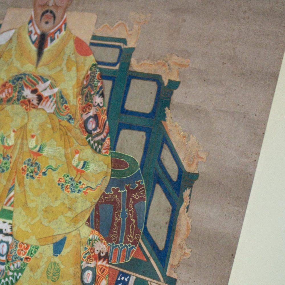 19th-20th Century Chinese Ming Dynasty Emperor Yellow Imperial Robe Hand Painted on Silk w/Black Wood Frame