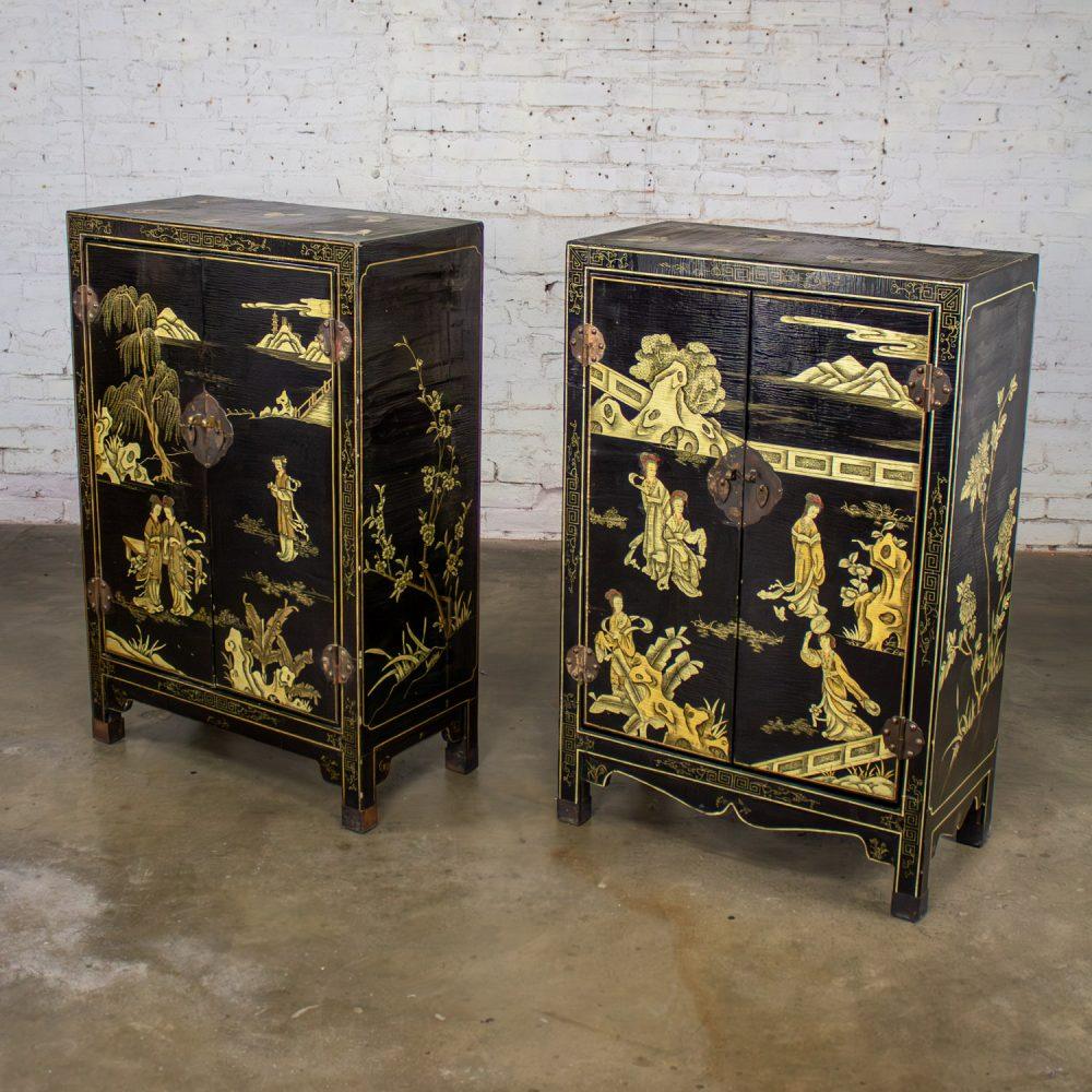 19th to 20th Century Pair of Japanese Textured Black Lacquer Chests w/Hand Painted Asian Details
