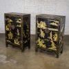 19th to 20th Century Pair of Japanese Textured Black Lacquer Chests w/Hand Painted Asian Details