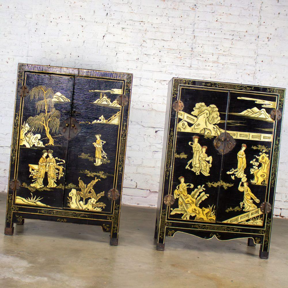 19th to 20th Century Pair of Japanese Textured Black Lacquer Chests w/Hand Painted Asian Details